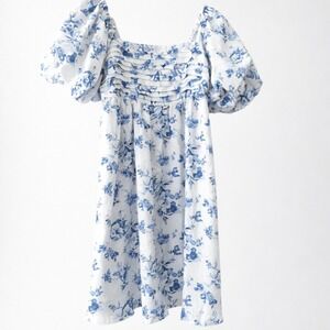 Cottagecore White Blue Vintage Floral Print Puff Sleeves Shirred Smocked Small‎